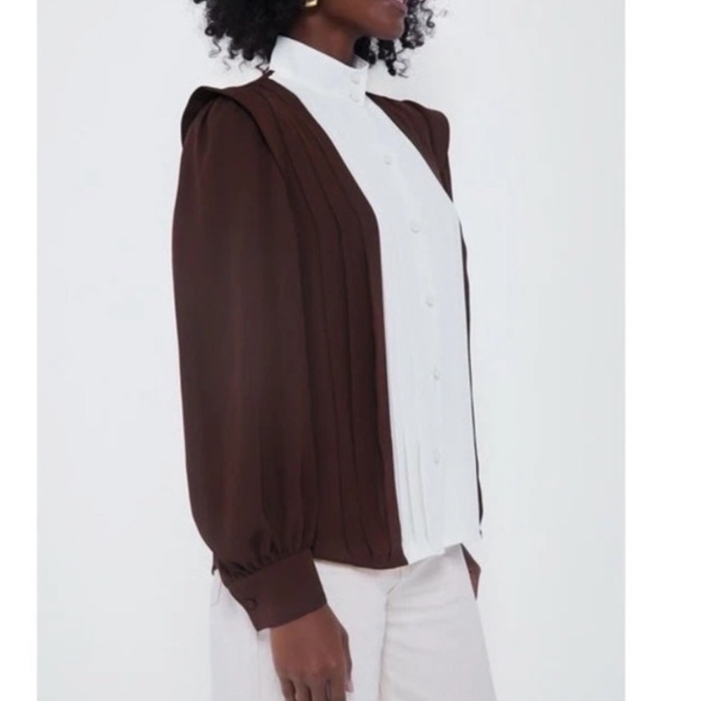 Tuckernuck x India Hicks NEW Grove Blouse Brown White Pleated Neutral Size XXXL